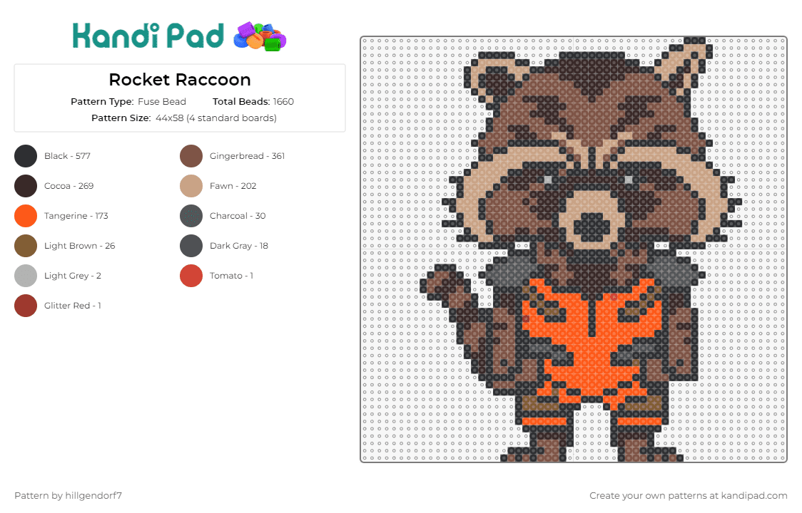Rocket Raccoon - Fuse Bead Pattern by hillgendorf7 on Kandi Pad - rocket,raccoon,guardians of the galaxy,character,animal,marvel,movie,cute,brown,orange