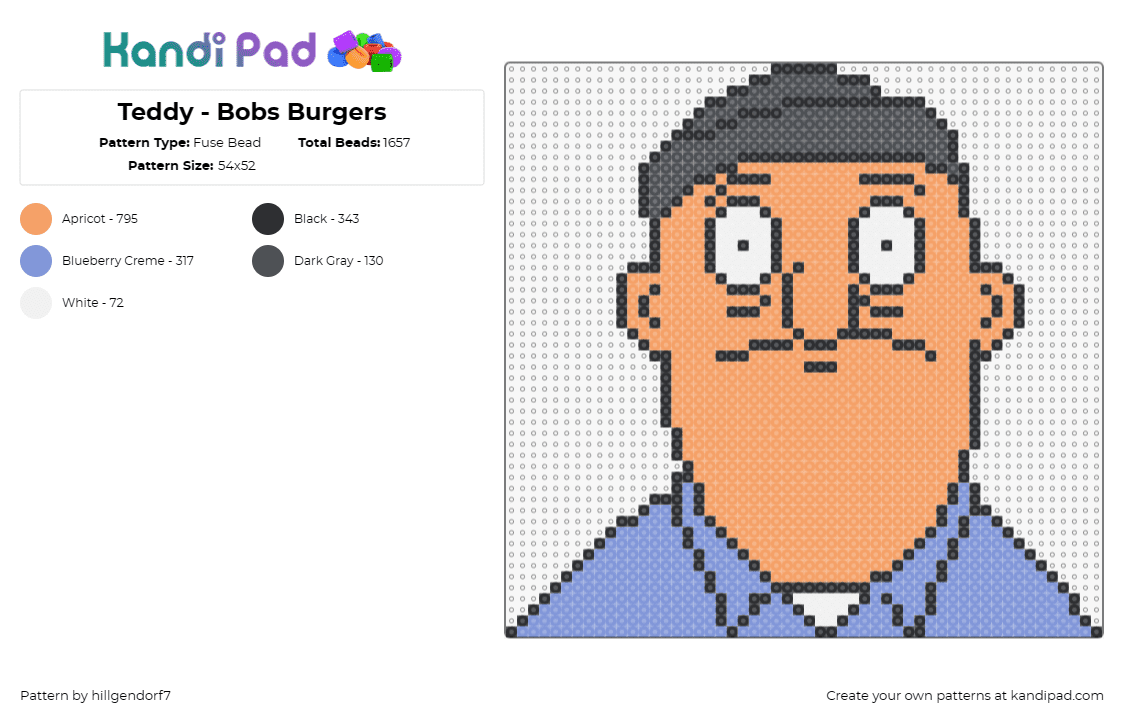 Teddy - Bobs Burgers - Fuse Bead Pattern by hillgendorf7 on Kandi Pad - teddy,bobs burgers,animated,tv show,character,sitcom,friendly,blue,tan