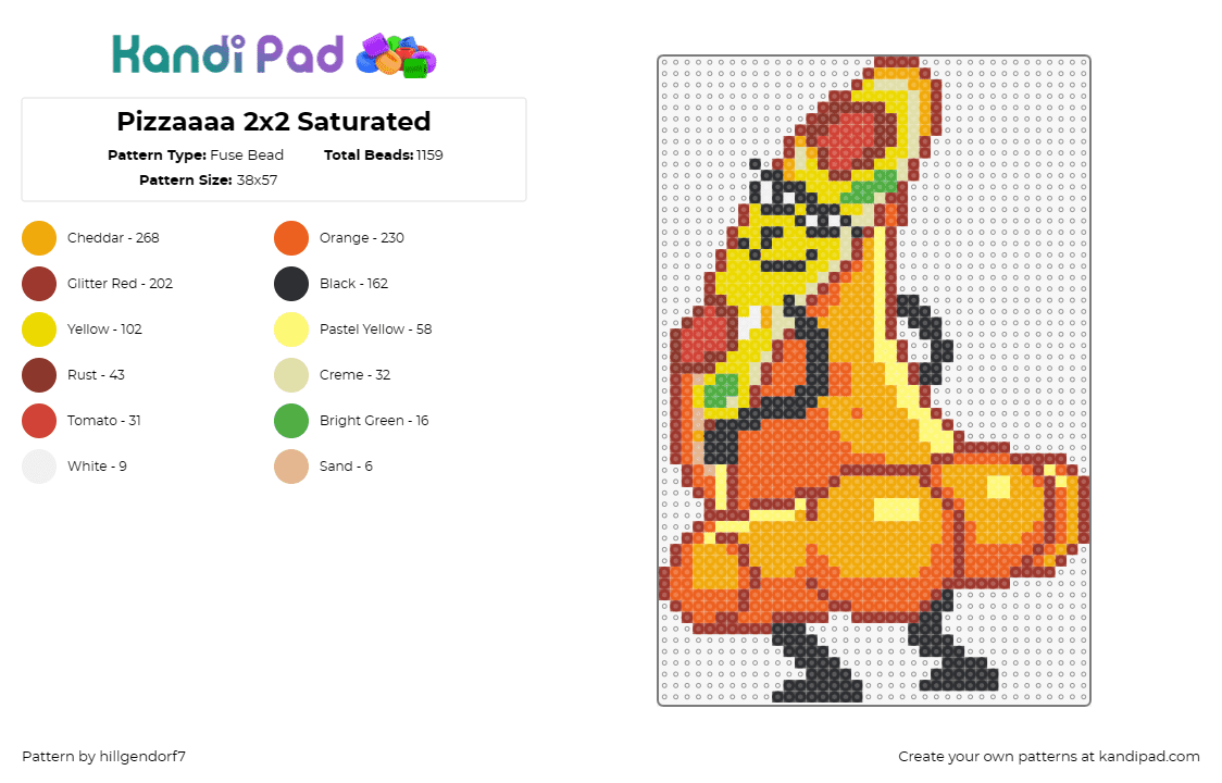 Pizzaaaa 2x2 Saturated - Fuse Bead Pattern by hillgendorf7 on Kandi Pad - pizza,booty,food,funny,dance,character,orange,yellow