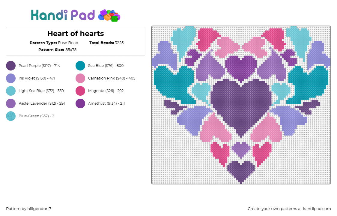 Heart of hearts - Fuse Bead Pattern by hillgendorf7 on Kandi Pad - hearts,love,affection,expressive,symphony,interlocking,romantic,purple,teal