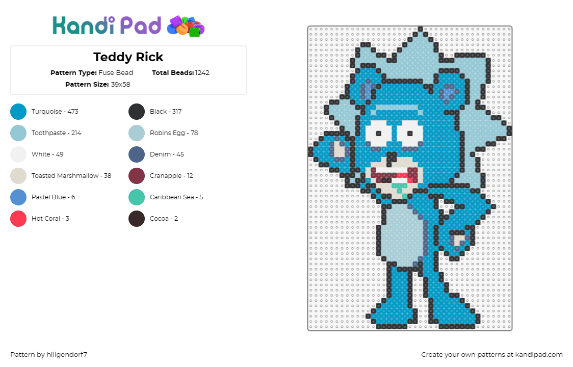 Teddy Rick - Fuse Bead Pattern by hillgendorf7 on Kandi Pad - rick sanchez,teddy,bear,rick and morty,character,tv show,animation,mashup,blue,l