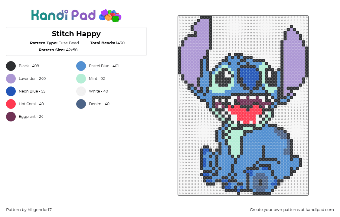 Stitch Happy - Fuse Bead Pattern by hillgendorf7 on Kandi Pad - stitch,lilo and stitch,disney,happy,cartoon,alien,character,movie,blue