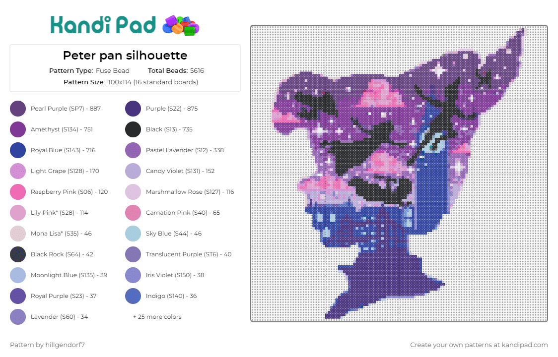 Peter pan silhouette - Fuse Bead Pattern by hillgendorf7 on Kandi Pad - peter pan,silhouette,magic,neverland,whimsical,classic,starry,twilight,childhood,adventure,purple