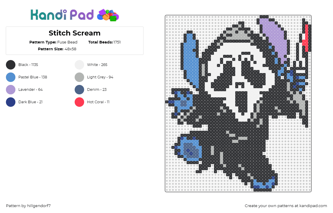 Stitch Scream - Fuse Bead Pattern by hillgendorf7 on Kandi Pad - stitch,ghostface,scream,costume,halloween,disney,character,spooky,mashup,movie,k