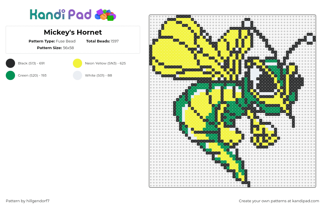 Mickey\'s Hornet - Fuse Bead Pattern by hillgendorf7 on Kandi Pad - mickeys,hornet,bee,logo,mascot,alcohol,green,yellow