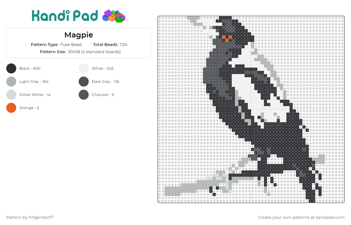 Magpie - Fuse Bead Pattern by hillgendorf7 on Kandi Pad - magpie,bird,animals