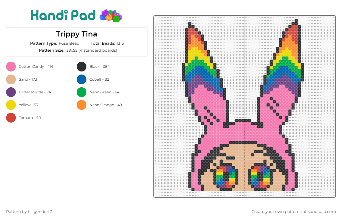 Trippy Louise - Fuse Bead Pattern by hillgendorf7 on Kandi Pad - louise belcher,bobs burgers,trippy,character,cartoon,tv show,rainbow,psychedlic,rave,bunny ears,colorful,pink