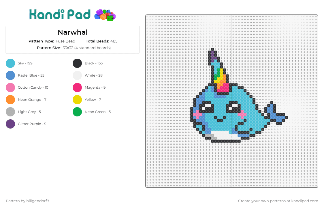 Narwhal - Fuse Bead Pattern by hillgendorf7 on Kandi Pad - narwhal,rainbow,unicorn,fish,cute