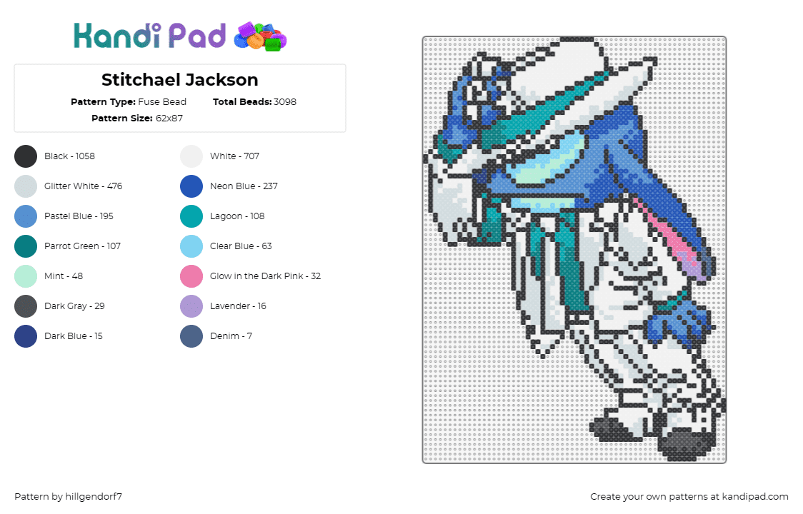 Stitchael Jackson - Fuse Bead Pattern by hillgendorf7 on Kandi Pad - stitch,michael jackson,costume,disney,character,music,white,blue,teal