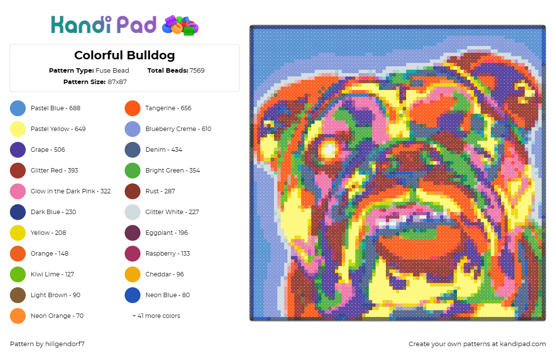 Colorful Bulldog - Fuse Bead Pattern by hillgendorf7 on Kandi Pad - bulldog,dog,colorful,portrait,pattern-from-image