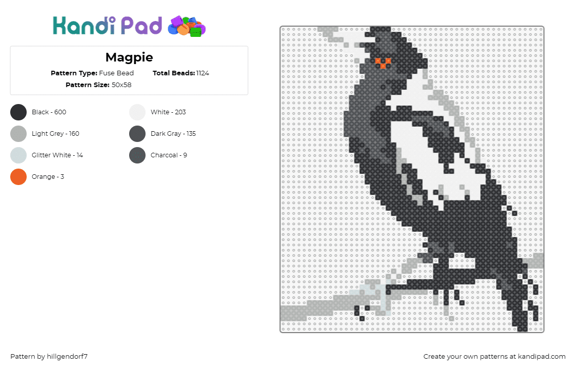 Magpie - Fuse Bead Pattern by hillgendorf7 on Kandi Pad - magpie,bird,animal,crow,black,white