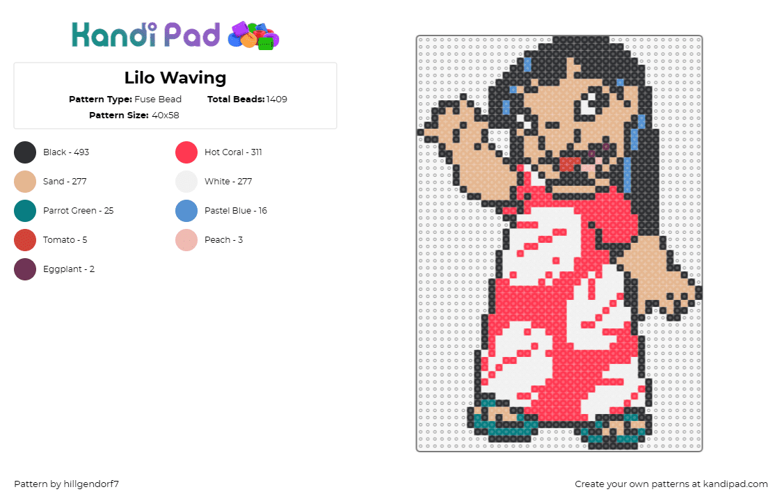 Lilo Waving - Fuse Bead Pattern by hillgendorf7 on Kandi Pad - lilo,lilo and stitch,disney,animation,character,movie,red,tan