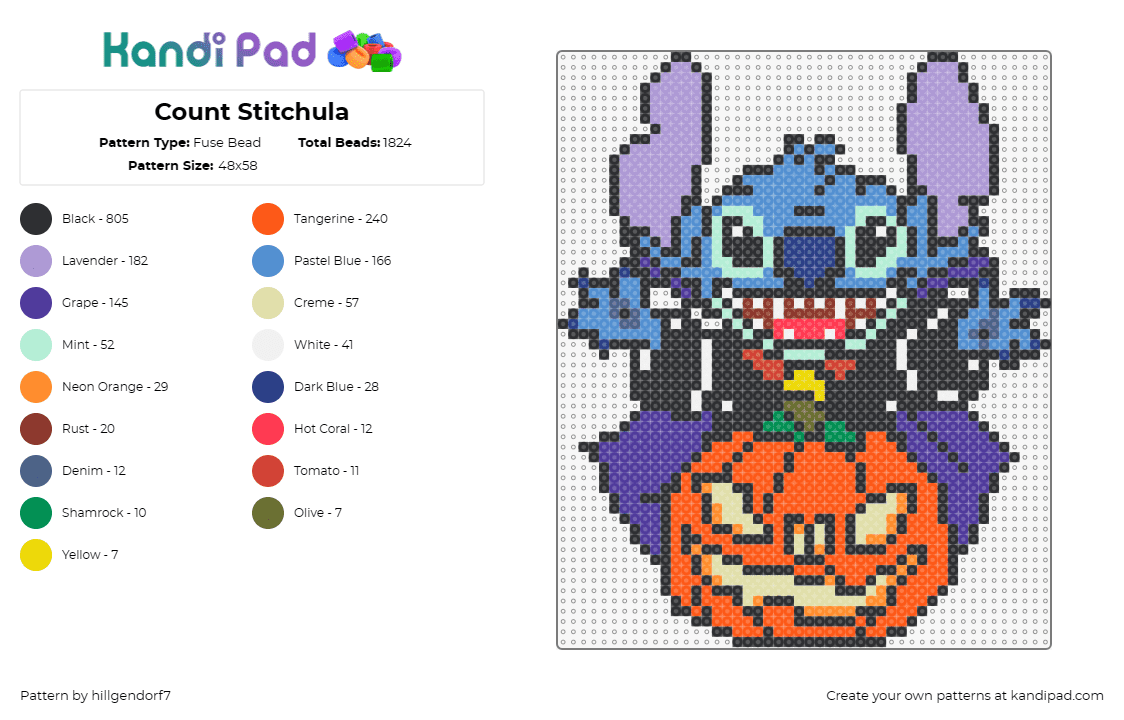 Count Stitchula - Fuse Bead Pattern by hillgendorf7 on Kandi Pad - stitch,pumpkin,vampire,dracula,disney,halloween,costume,vampire,character,jackol