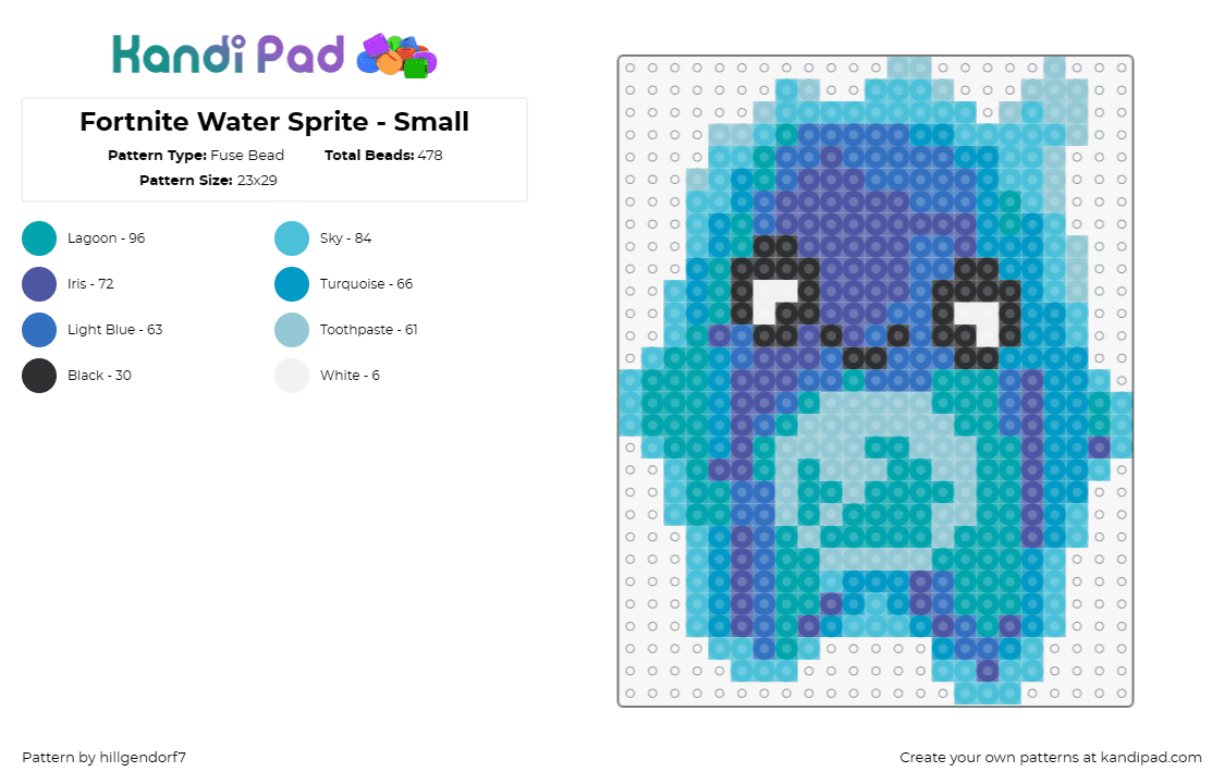 Fortnite Water Sprite - Small - Fuse Bead Pattern by hillgendorf7 on Kandi Pad - water sprite,fortnite,character,video game,cute,blue,teal,purple