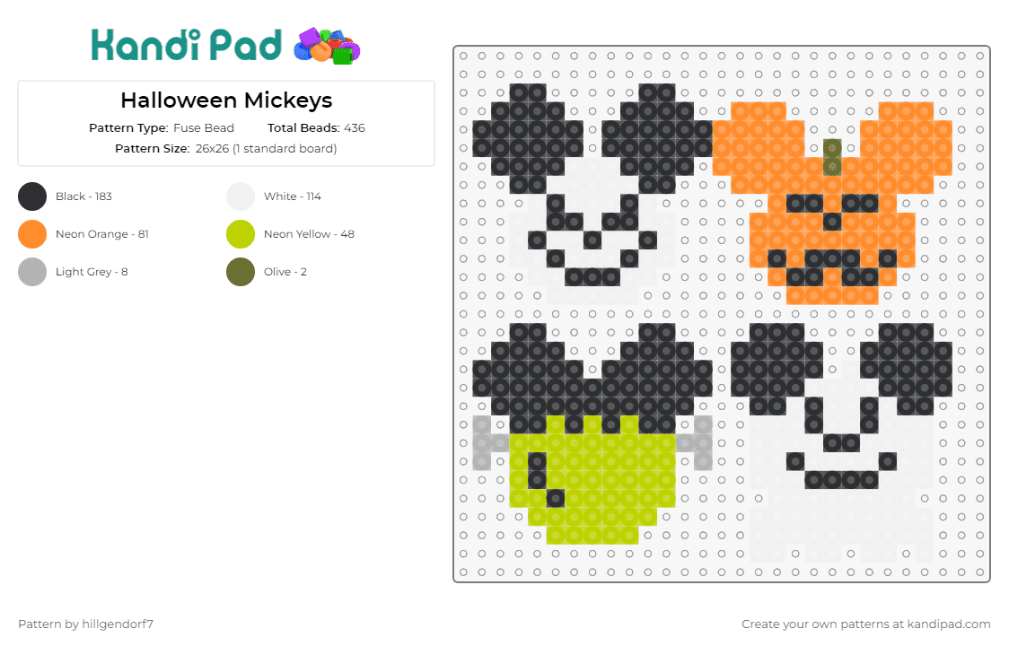 Halloween Mickeys - Fuse Bead Pattern by hillgendorf7 on Kandi Pad - mickey mouse,halloween,disney,frankenstein,spooky,silhouette,festive,charm,season,black,orange,green,white