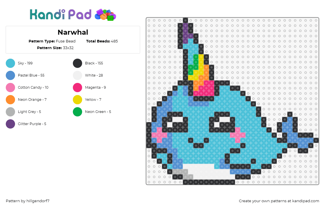 Narwhal - Fuse Bead Pattern by hillgendorf7 on Kandi Pad - narwhal,unicorn,rainbow,horn,fish,whale,cute,smile,chibi,animal,light blue,teal