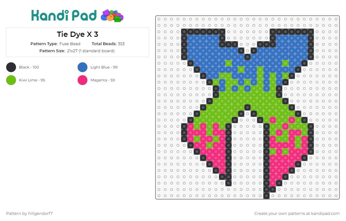 Tie Dye X 3 - Fuse Bead Pattern by the_edm_perler_pattern_guy on Kandi Pad - excision,x,tie dye,music,edm,dj,vibrant,symmetrical,green,blue,pink