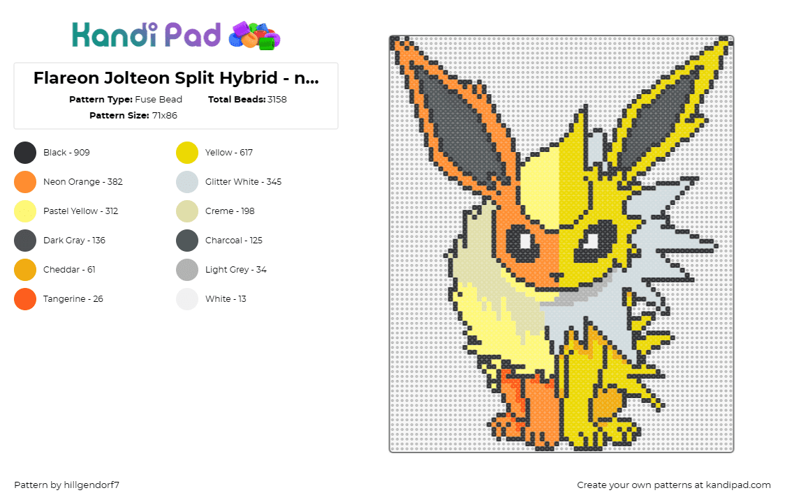 Flareon Jolteon Split Hybrid - no tail - Fuse Bead Pattern by hillgendorf7 on Kandi Pad - flareon,jolteon,pokemon,anime,hybrid,creature,vibrant,yellow,orange