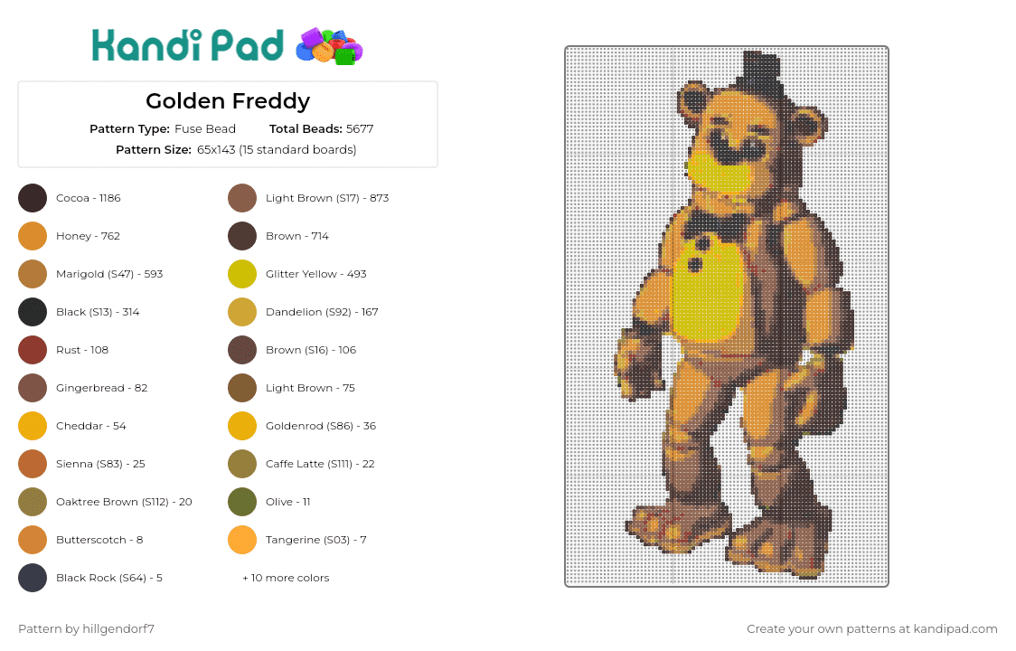 Golden Freddy - Fuse Bead Pattern by hillgendorf7 on Kandi Pad - freddy fazbear,fnaf,five nights at freddys,animatronic,horror,video game,mascot,brown,yellow