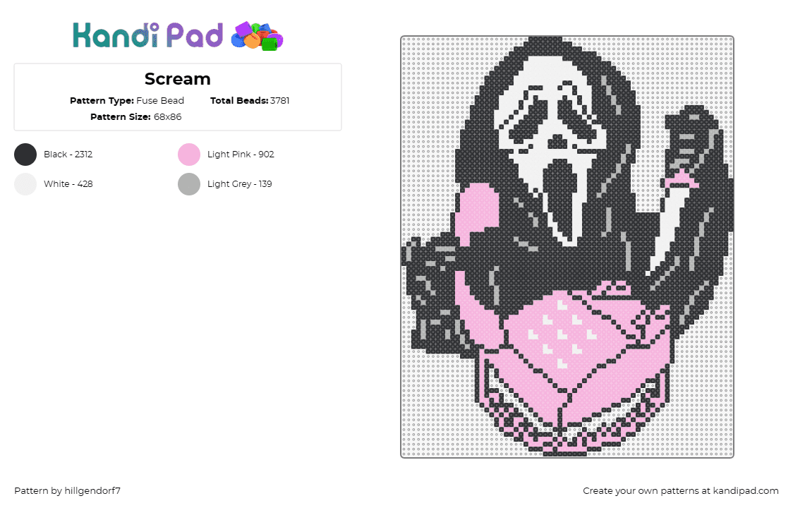 Scream - Fuse Bead Pattern by hillgendorf7 on Kandi Pad - ghostface,scream,telephone,horror,spooky,mask,movie,knife,black,pink,white