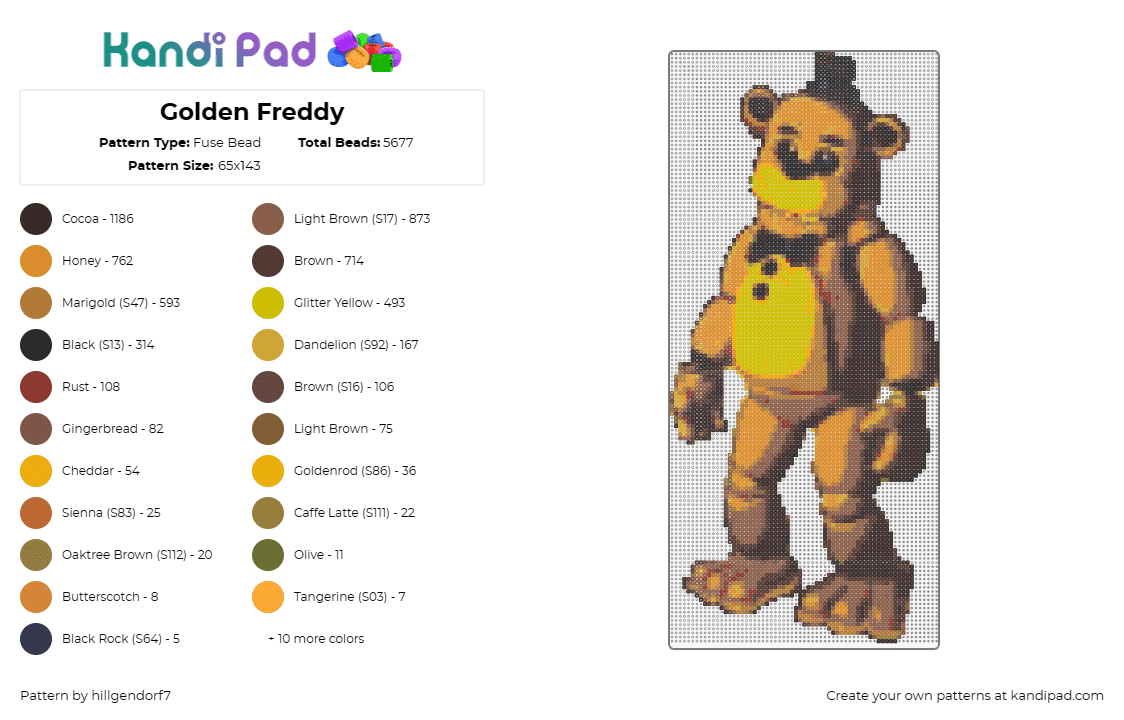 Golden Freddy - Fuse Bead Pattern by hillgendorf7 on Kandi Pad - freddy fazbear,fnaf,five nights at freddys,animatronic,horror,video game,mascot,