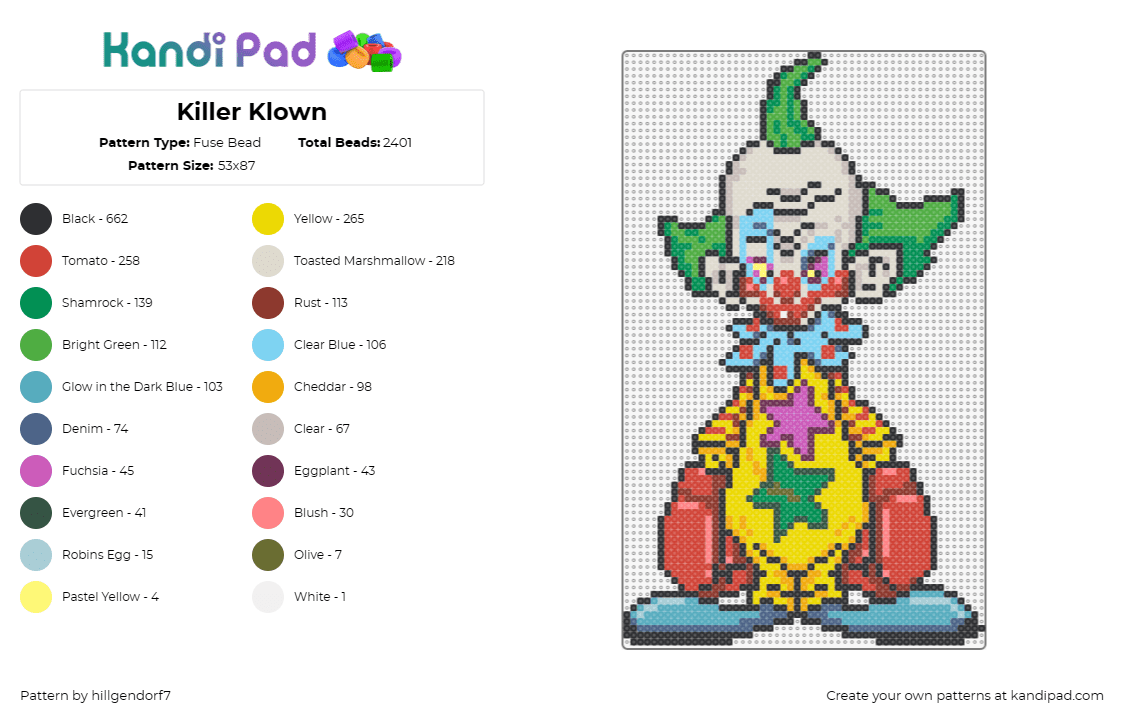 Killer Klown - Fuse Bead Pattern by hillgendorf7 on Kandi Pad - clown,killer klowns from outer space,boxing,character,spooky,funny,movie,colorfu