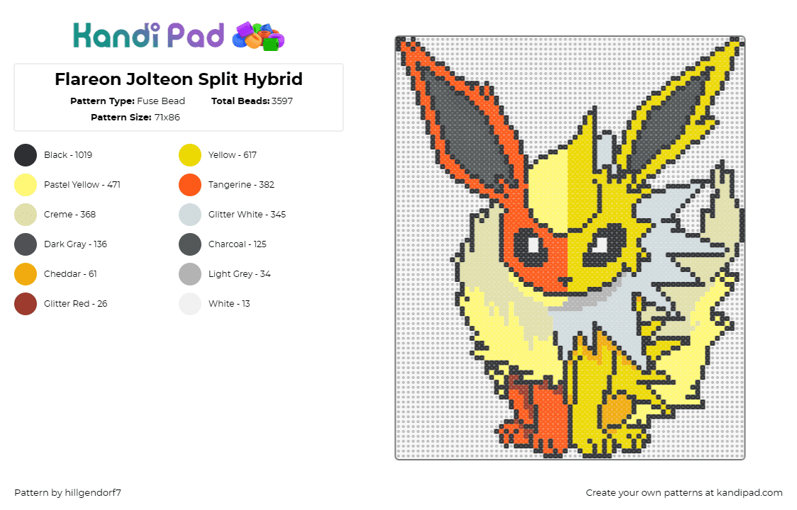 Flareon Jolteon Split Hybrid - Fuse Bead Pattern by hillgendorf7 on Kandi Pad - flareon,jolteon,pokemon,gaming,mashup,evolution,eevee,yellow,orange