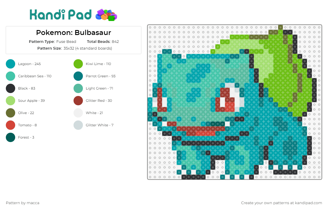Pokemon: Bulbasaur - Fuse Bead Pattern by macca on Kandi Pad - bulbasaur,pokemon,anime,cute