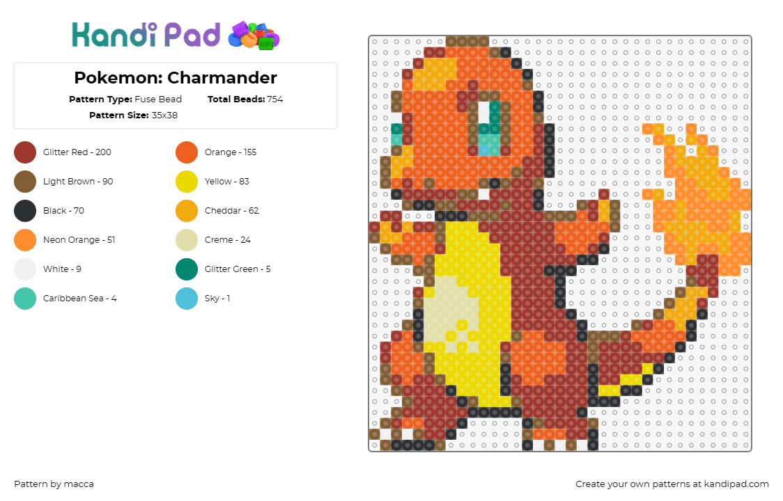 Pokemon: Charmander - Fuse Bead Pattern by macca on Kandi Pad - charmander,pokemon,anime,cute