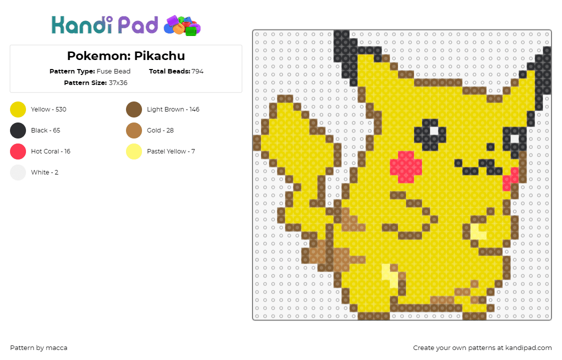 Pokemon: Pikachu - Fuse Bead Pattern by macca on Kandi Pad - pikachu,pokemon,anime,cute