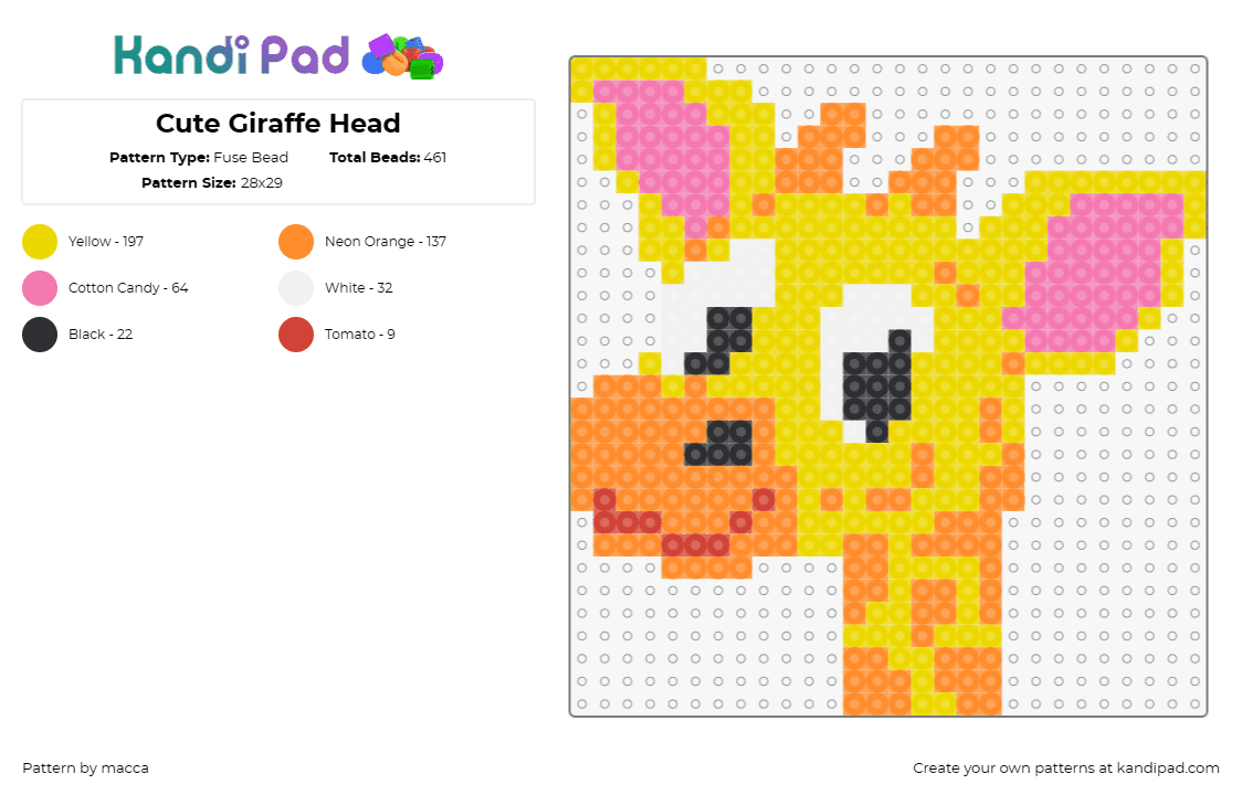 Cute Giraffe Head - Fuse Bead Pattern by macca on Kandi Pad - giraffe,cute,animals
