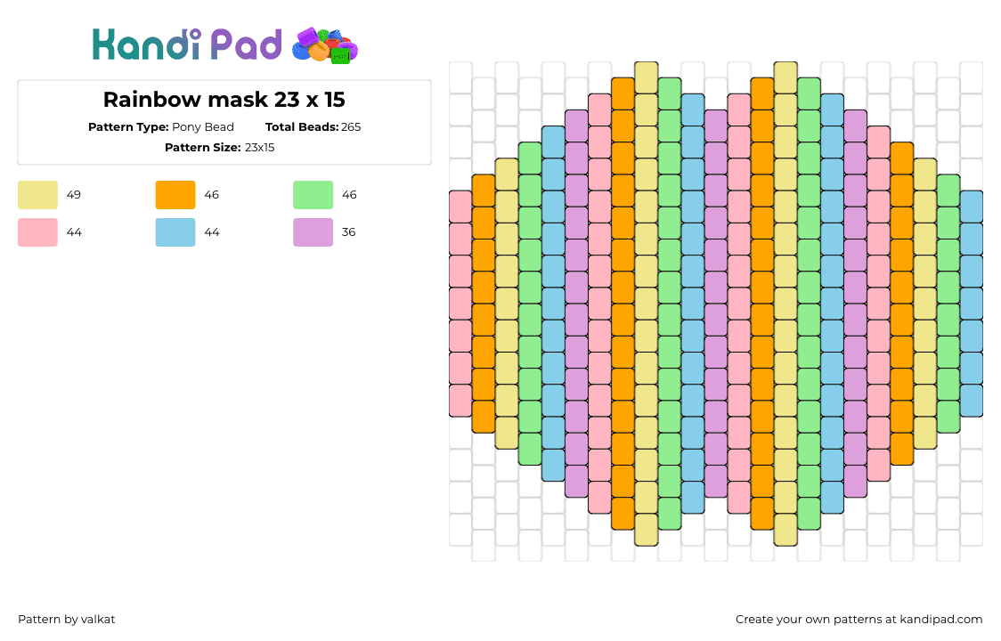 Rainbow mask 23 x 15 - Pony Bead Pattern by valkat on Kandi Pad - pastel,rainbow,vertical,stripes,mask,colorful,orange,pink,green