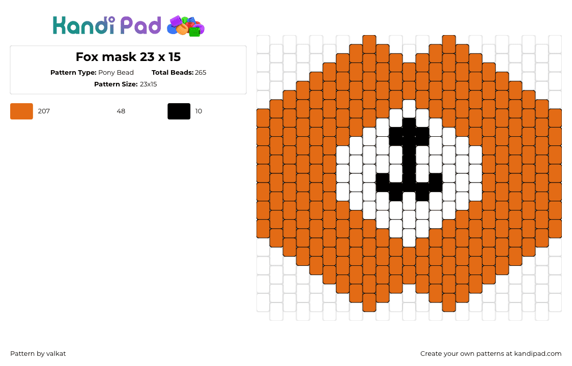 Fox mask 23 x 15 - Pony Bead Pattern by valkat on Kandi Pad - fox,mouth,animal,mask,cute,smile,orange,white