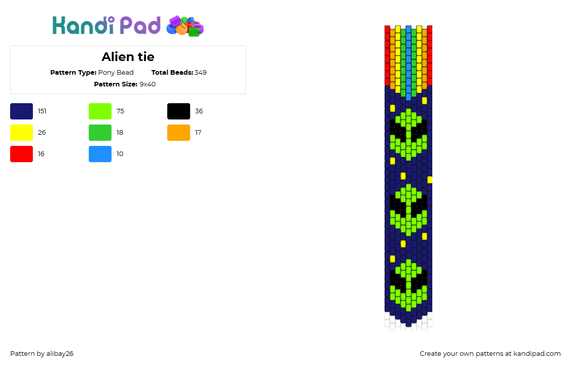 Alien tie - Pony Bead Pattern by alibay26 on Kandi Pad - aliens,tie,clothing,space,rainbow,green,blue