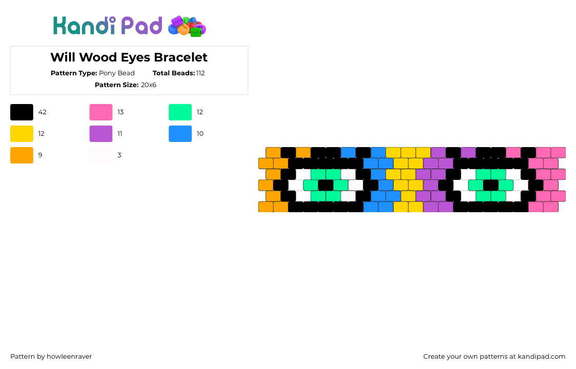 Will Wood Eyes Bracelet - Pony Bead Pattern by howleenraver on Kandi Pad - eyes,will wood,music,bracelet,cuff,colorful,green,yellow,pink