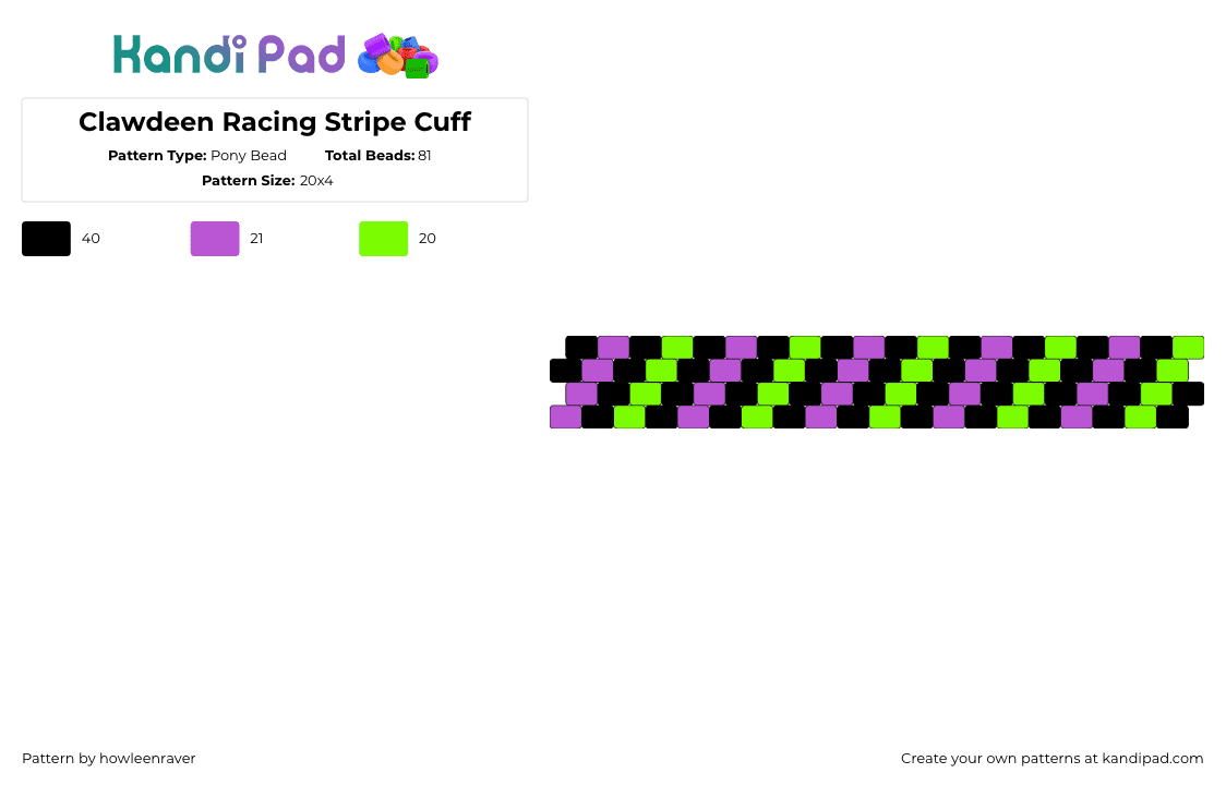 Clawdeen Racing Stripe Cuff - Pony Bead Pattern by howleenraver on Kandi Pad - clawdeen,monster high,diagonal,stripes,bracelet,cuff,neon,purple,green,black