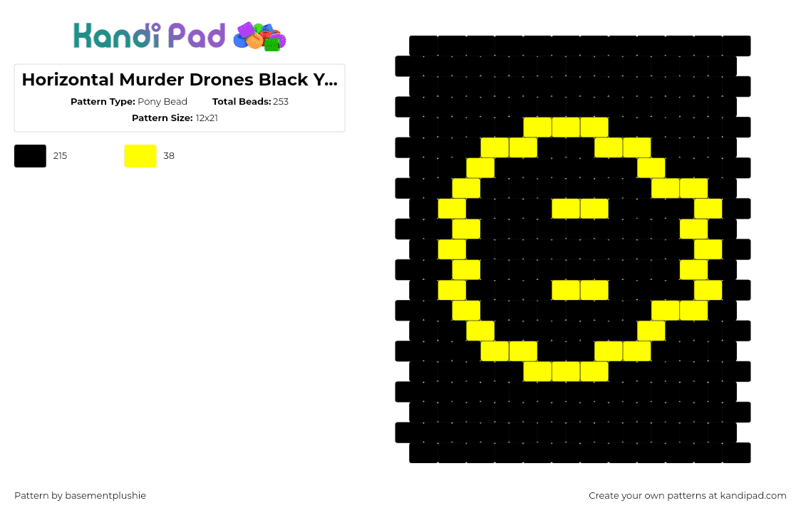 Horizontal Murder Drones Black Yellow - Pony Bead Pattern by basementplushie on Kandi Pad - skull,murder drones,logo,tv show,animation,black,yellow