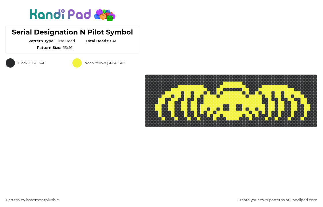 N Pilot Symbol - Fuse Bead Pattern by basementplushie on Kandi Pad - pilot,n,murder drones,spider,animation,tv show,yellow,black