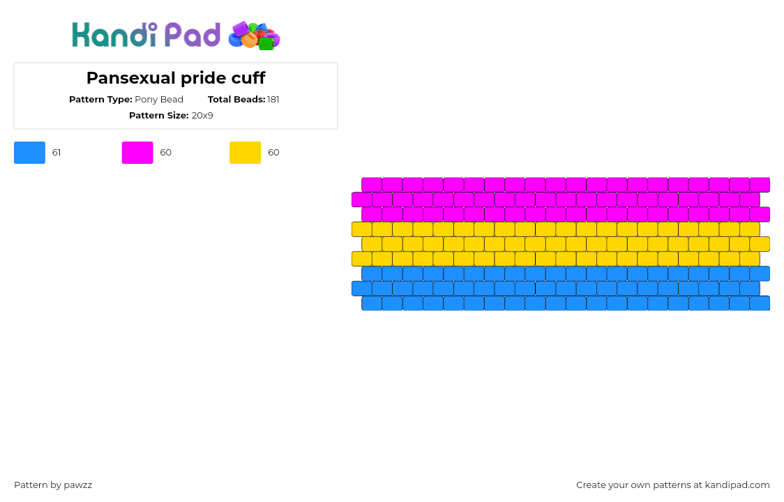 Pansexual pride cuff - Pony Bead Pattern by pawzz on Kandi Pad - pansexual,pride,stripes,cuff,pink,yellow,blue