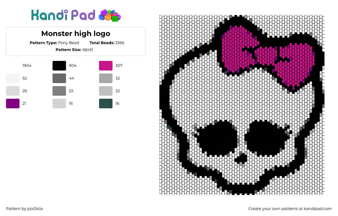 Monster high logo - Pony Bead Pattern by pixi3stix on Kandi Pad - monster high,skull,bow,logo,tv show,pink,black