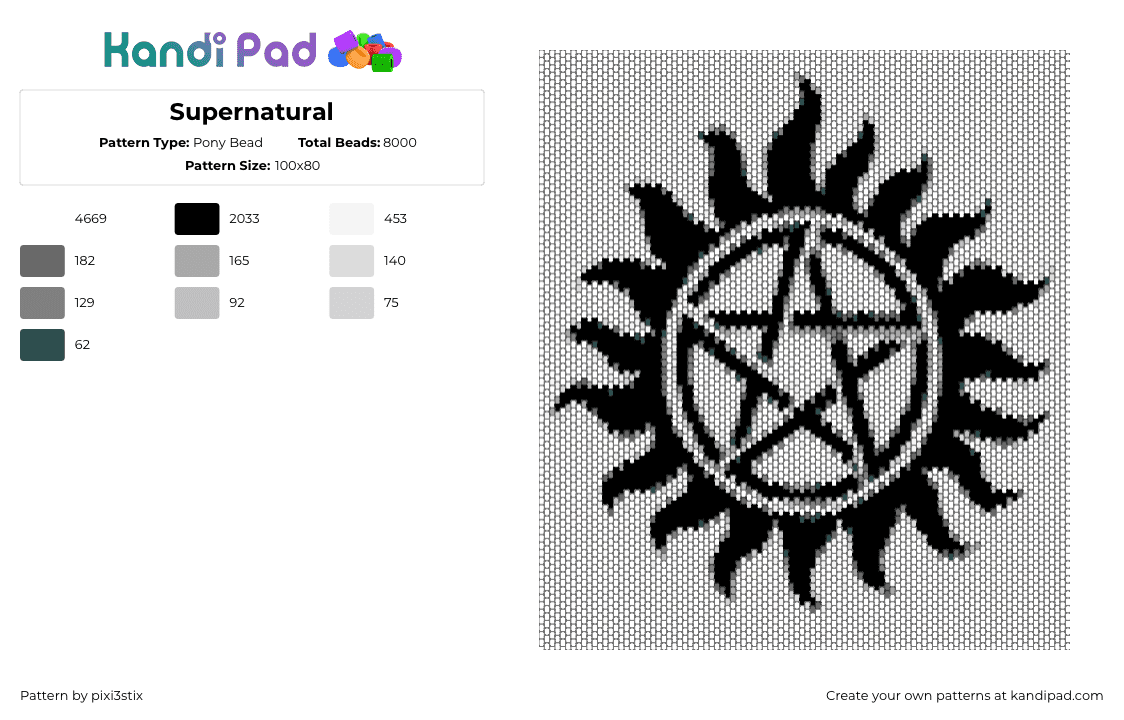 Supernatural - Pony Bead Pattern by pixi3stix on Kandi Pad - supernatural,pentagram,sun,logo,tv show,panel,tapestry,black,white