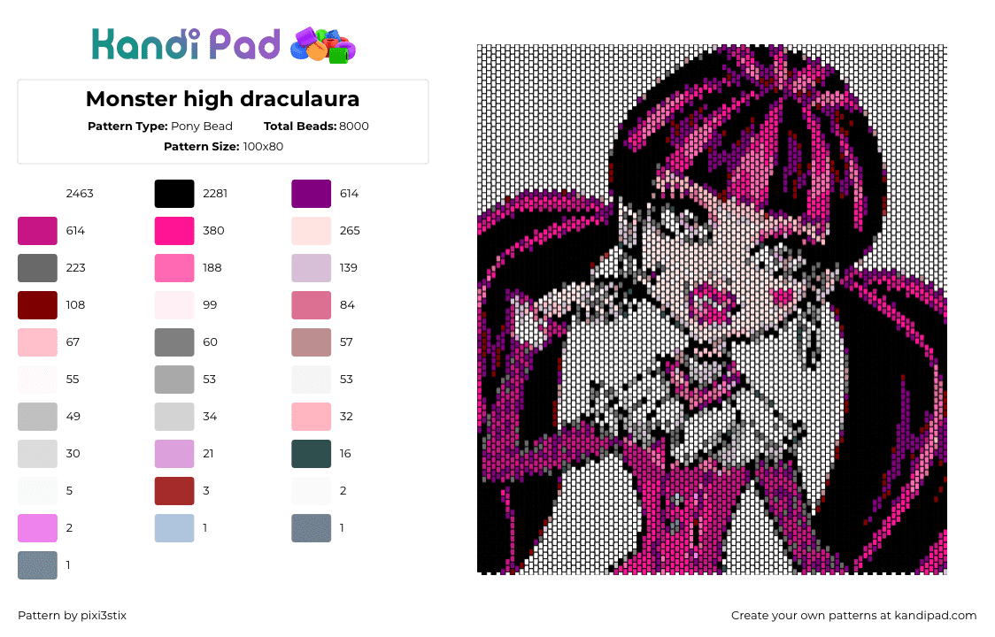 Monster high draculaura - Pony Bead Pattern by pixi3stix on Kandi Pad - draculaura,monster high,character,doll,tv show,pink,black