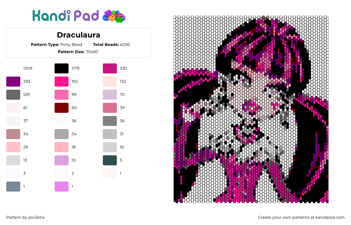 Draculaura - Pony Bead Pattern by pixi3stix on Kandi Pad - draculaura,monster high,character,doll,tv show,pink,black