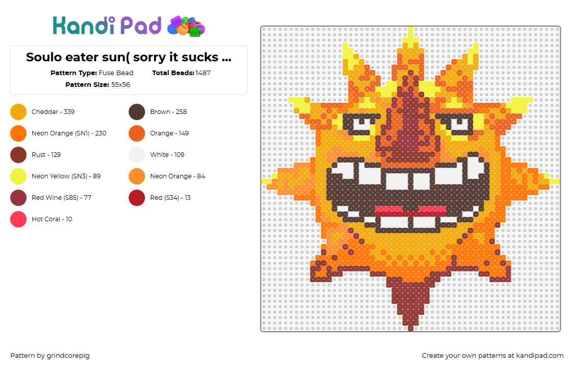 Soulo eater sun( sorry it sucks lmao, this is my first time using a reference and trying to color match) - Fuse Bead Pattern by grindcorepig on Kandi Pad - sun,soul eater,manga,character,mouth,smile,face,orange,yellow