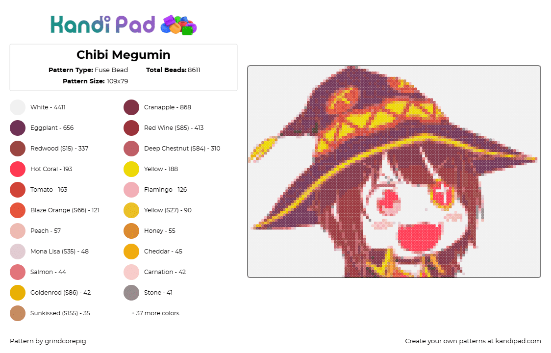 Chibi Megumin - Fuse Bead Pattern by grindcorepig on Kandi Pad - megumin,konosuba,character,hat,anime,manga,purple,yellow