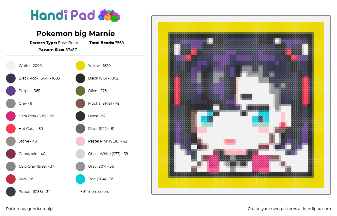 Pokemon big Marnie - Fuse Bead Pattern by grindcorepig on Kandi Pad - marnie,pokemon,box,frame,gaming,yellow,purple,white