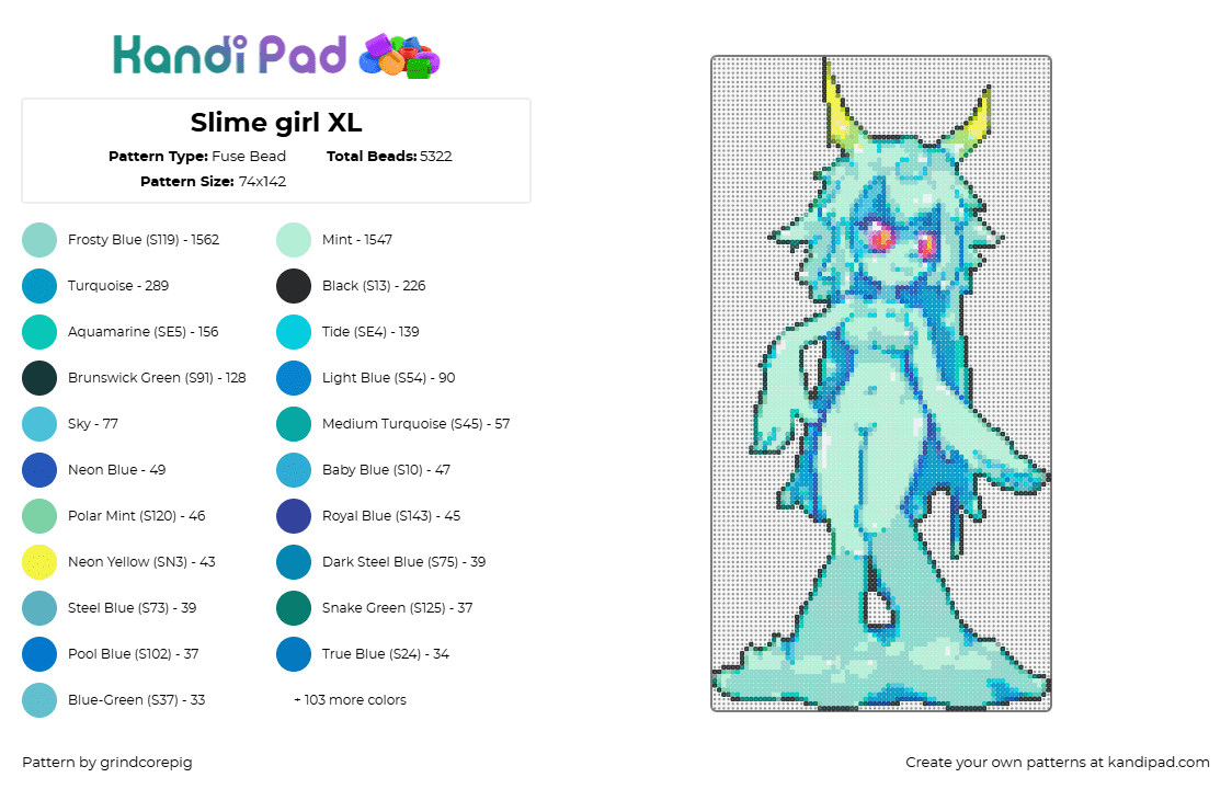 Slime girl XL - Fuse Bead Pattern by grindcorepig on Kandi Pad - slime,horned,female,anime,teal