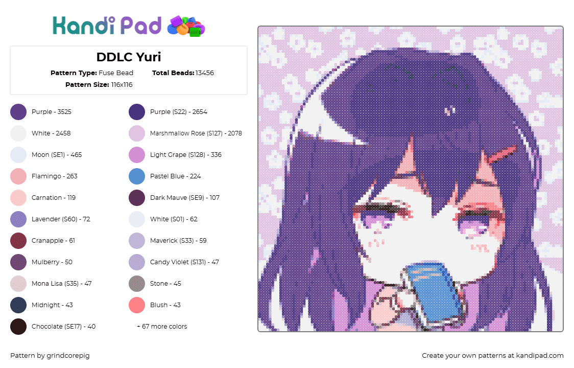 DDLC Yuri - Fuse Bead Pattern by grindcorepig on Kandi Pad - yuri,ddlc,doki doki literature club,video game,character,purple