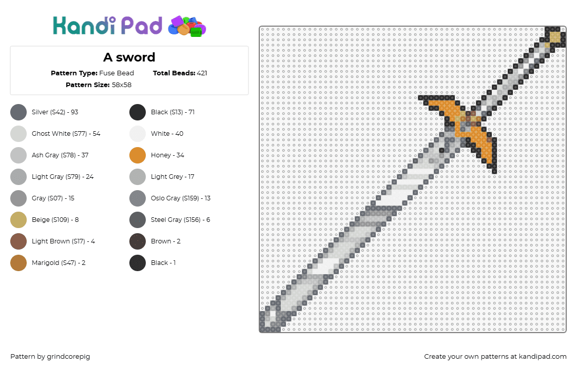 A sword - Fuse Bead Pattern by grindcorepig on Kandi Pad - sword,weapon,silver,gray,gold