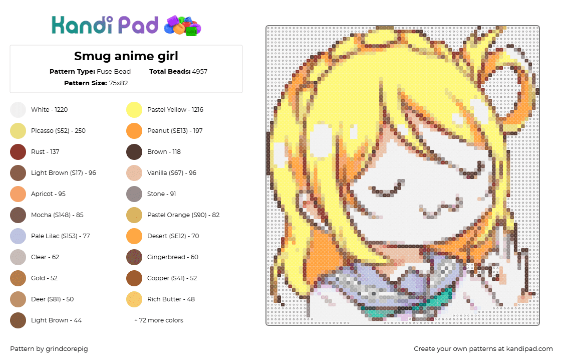 Smug anime girl - Fuse Bead Pattern by grindcorepig on Kandi Pad - girl,blonde,anime,cute,kawaii,yellow,white